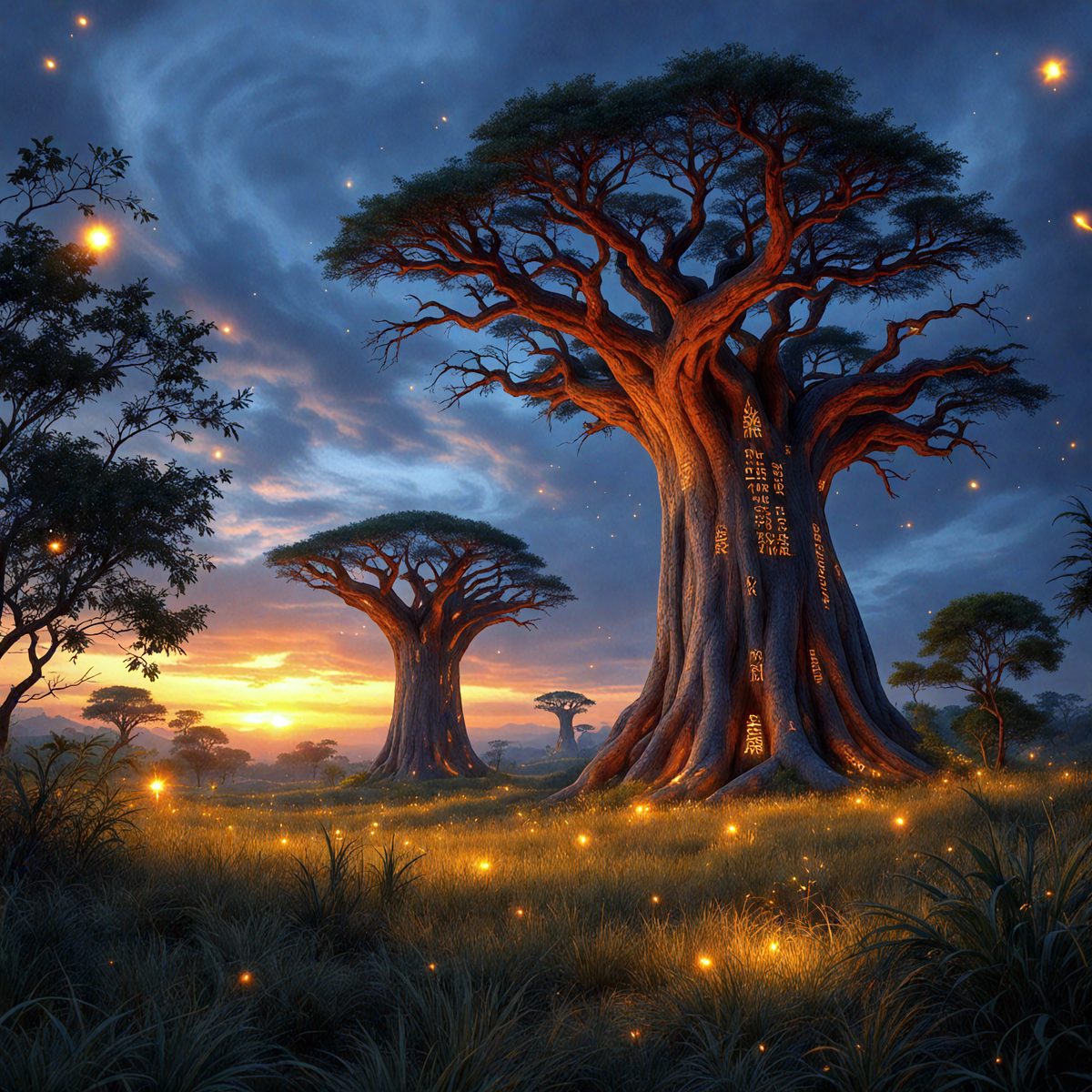 The primary subject of the image is a group of three tall trees with large trunks, standing in a grassy field. The setting is a lush, green environment, with a sunset in the background. The visual style is a digital art or illustration, creating a serene and natural atmosphere. The dominant colors are green, brown, and orange, reflecting the natural elements of the scene.